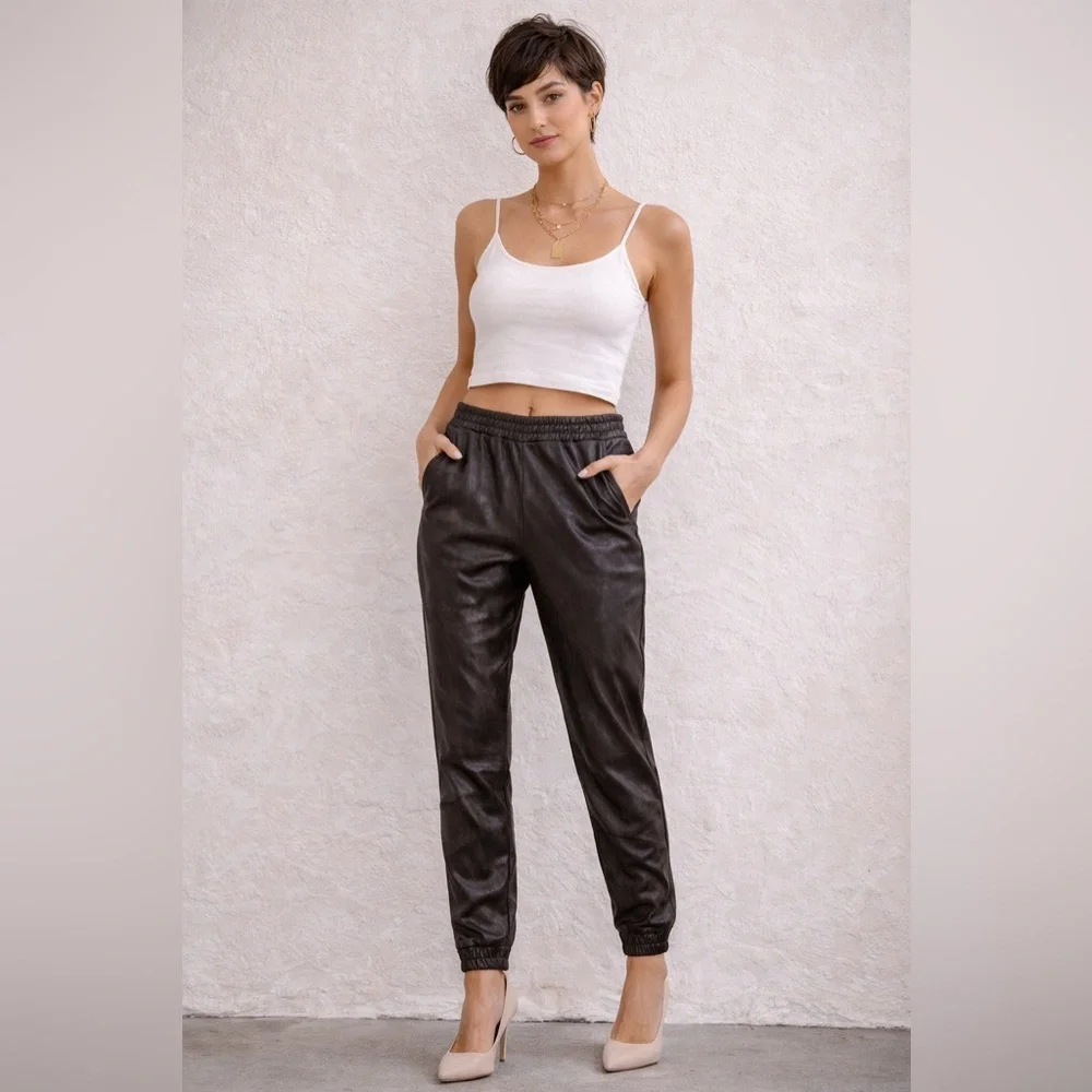 Monrow Black Brown Leather Look Joggers XS/S | Coated Faux Leather Pants